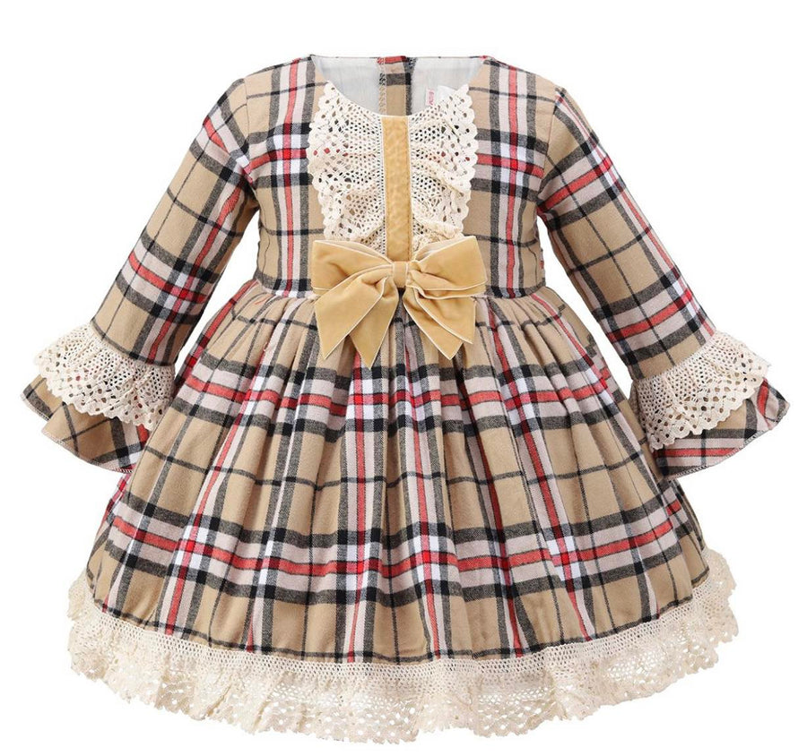 Beige Bow Tartan Dress