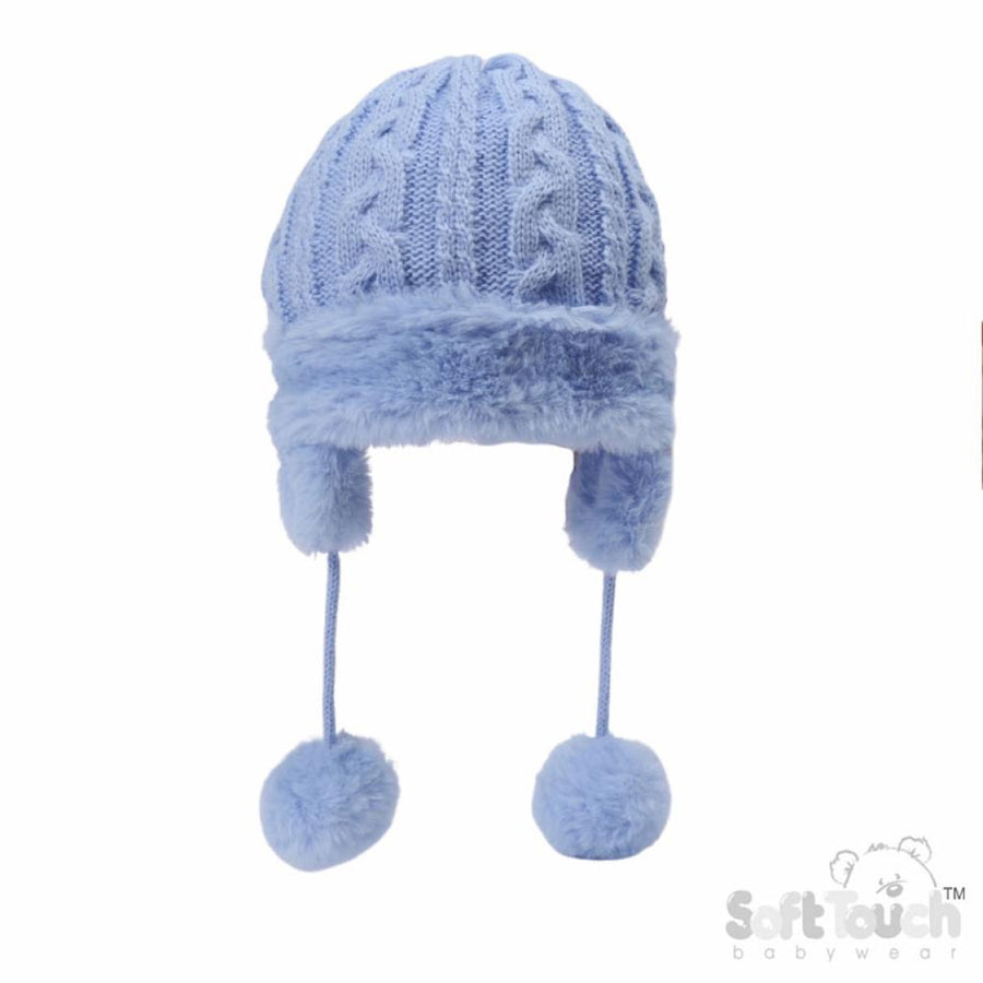 Blue Cable Hat with Fur and Ear Flaps