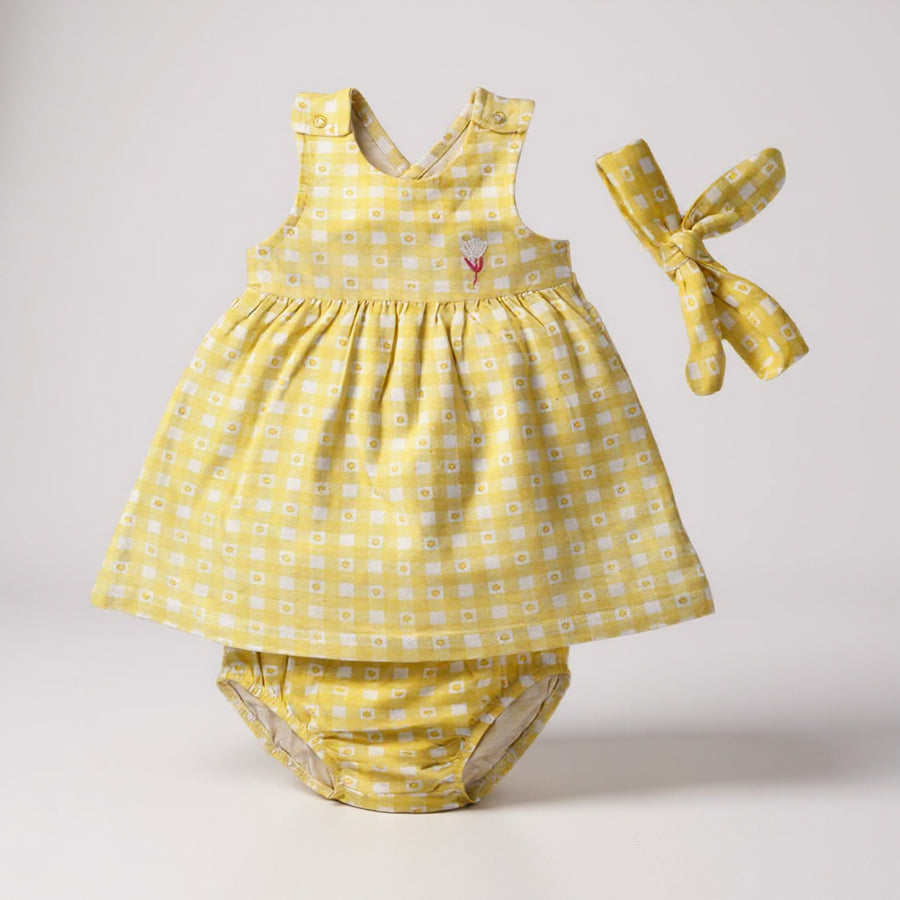 Yellow Gingham Dress Set – 3 Piece