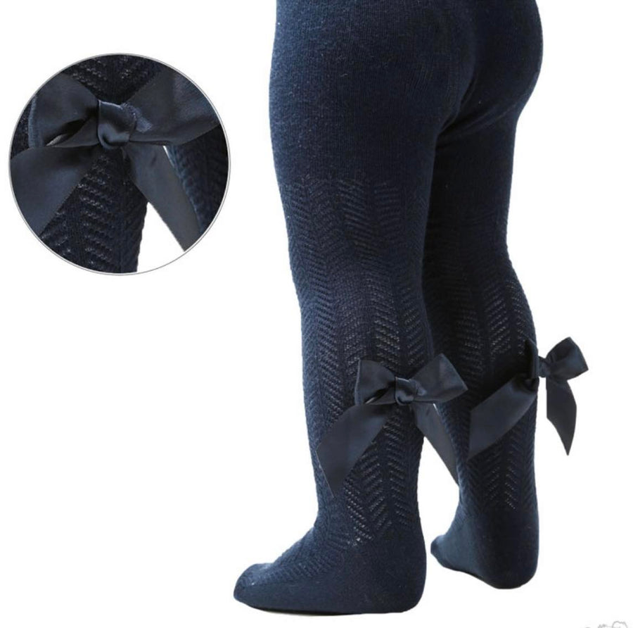 Navy Chevron Knit Bow Tights